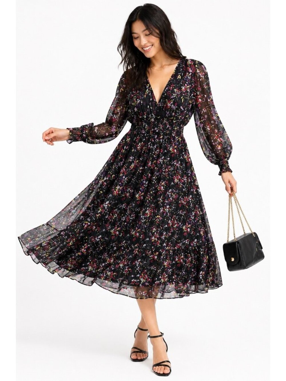 ZARA MIDI DRESS long sleeve floral sheer LARGE cottage feminine garden party